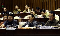 Mendagri Gamawan Fauzi (tengah) didampingi Dirjen Otonomi Daerah di Kemendagri Djohermansyah Djohan (kanan) mendengarkan pertanyaan yang disampaikan anggota Komisi II. Ramses/detikFoto.