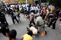 Warga berebutan mengambil makanan yang terjatuh di jalan.