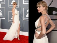 Si cantik Taylor Swift pamer punggung dan keindahan kakinya dalam balutan gaun putih J. Mendel. Christopher Polk/Getty Images for NARAS.