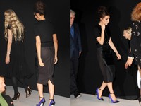 Istri pesepakbola David Beckham itu tampil stylish dibalut busana serba hitam yang dipadukan dengan heels ungu-hitam Manolo Blanhik. Stuart Wilson/Getty Images.