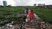 Seorang anak bermain di sekitar Waduk Riario.