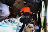 Petugas keamanan PT Kereta Api Logistik (PT Kalog) menggunakan anjing pelacak guna memeriksa paket kiriman di Stasiun Kampung Bandan, Pademangan, Jakarta Utara, Kamis (14/3/2013).