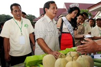 Prabowo (tengah) didampingi Ferry Joko Juliantono mendengar penjelasan soal perkembangan buah nasional. Kegiatan ini digagas oleh National Forum for Suistanability Development OISCA- Indonesia 2013.