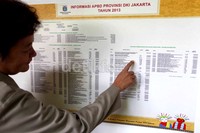 Petugas membaca poster informasi APBD DKI di Kantor Kelurahan Kebon Sirih, Selasa (19/3/2013).