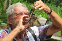 Fotografer sekaligus Antropolog, Kal Muller mengajari Tim Dream Destination Papua 2 dan juga pengunjung Festival Kamoro, bagaimana memakan cacing tambelo. Pegang kepalanya, angkat tinggi-tinggi di atas mulut, masukan ke mulut sambil dikunyah pelan mulai dari buntutnya (Fitraya/detikTravel)
