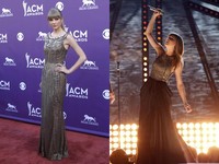Taylor Swift tampil glamor dalam balutan gaun emas Dolce & Gabbana. (REUTERS/Steve Marcus; REUTERS/Mario Anzuoni)