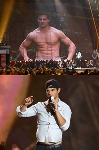 Meraih Best Shirtless Performance lewat film 'The Twilight Saga: Breaking Dawn — Part 2', Taylor Lautner tampak 'buncit'. REUTERS/Danny Moloshok.