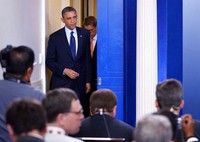 Obama terlihat sedih saat memberikan keterangan pers terkait ledakan bom di Boston. (Getty Images).