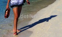 Wisawatan menikmati pemandangan di Pantai Pasir Putih, Pulau Kayu Angin, Kepulauan Seribu, Jakarta Utara.     