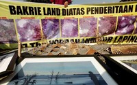 Selain itu pendemo juga membawa foto-foto kerusakan akibat lumpur Lapindo.