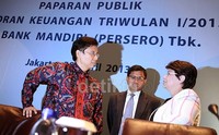 Hal tersebut disampaikan dalam Laporan Keuangan Triwulan I 2013 di Plasa Bank Mandiri Jakarta, Senin (29/4/2013).