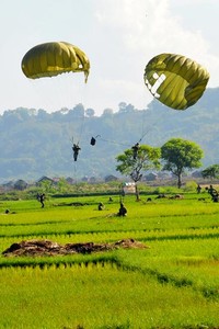  Setelah mendarat, satu peleton pasukan Linud berjalan kaki 3 km kearah Bandara M. Salahuddin Bima untuk melaksanakan serbuan cepat dengan misi merebut kembali Bandara Bima dari tangan musuh. (Dansatgaspen Latgab TNI 2013)     