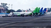 Deretan pesawat terparkir di Bandara Ngurah Rai, Bali. Menurut data Kemenhub, penumpang domestik mencapai 63,62 persen pada 2012. Angka tersebut diprediksi melonjak hingga 10 persen pada tahun 2013, meski analis menyatakan lebih optimis yakni tumbuh hingga 15 persen.
