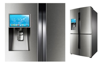     Kulkas Samsung T9000 berbasis sistem operasi Android ini akan dilepas ke pasar global beberapa bulan lagi. Layar 10 inch-nya memungkinkan pengguna mengakses berita terbaru, ramalan cuaca, melihat foto bahkan newsfeed Twitter dari pintu kulkas.