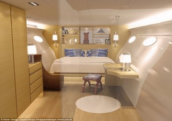 Pemiliknya bisa beristirahat dengan tenang di tempat tidur yang luas ini. Tampak desainnya seperti kamar tidur hotel kelas bintang lima.