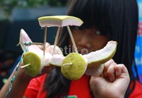 Seorang anak sedang menunjukan mainan tradisional mobil-mobilan dari kulit jeruk Bali.
