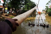 Warga mempersiapkan pohon pinang di Kalimalang, Jakarta Timur.