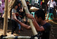 Sejumlah warga mempersiapkan pohon pinang yang akan digunakan dalam perlombaan 17 Agustus.