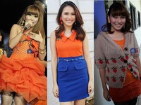 Ayu tampak cerah dengan busana berwarna oranye. (detikHOT)