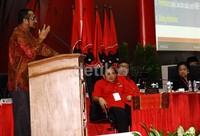 Abraham sendiri saat membawakan materi beberapa kali menyebut peserta Rakernas dengan sebutan 'marhaens'. Lamhot Aritonang/detikFoto.