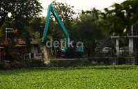 Sebuah alat berat dikerahkan untuk mengeruk eceng gondok, Rabu (11/9/2013).