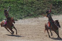 Ada juga aksi memanah satu sasaran sambil menunggang kuda. Keren banget! (Ken Yunita/detikTravel)