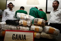 Polisi menggelar barang bukti ganja di Mapolres Jakarta Barat, Senin (23/9/2013).