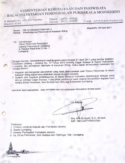 Pengembang Membangun di Situs Biting Berdasar Surat BP3 Trowulan