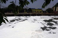 Kali Sunter dipenuhi busa akibat limbah.