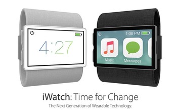 Konsep desain iwatch ini dicetuskan oleh Sourcebits, sebuah startup yang bergerak di bidang mobile dan web development. Ada dua warna yang diprediksi Sourcebits untuk iWatch. Terlihat yang paling mencolok dari desain ini adalah layar besar yang dibenamkannya. (Kredit foto: Sourcebits)