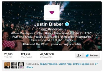     Dugaan Vincent benar. Bieber terbukti lebih populer saat ini. Di Twitter saja, jumlah pengikutnya sudah 47 juta lebih. Belum lagi di Facebook, YouTube, dan Instagram. Sementara BlackBerry? (screenshot Twitter)