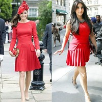 Kim dan Kate sama-sama mengenakan dress berwarna merah rancangan Alexander McQueen yang dirilis pada 2011. Untuk Kate, busana tersebut dibuat lebih elegan dan formal menjadi berlengan panjang. Sedangkan Kim membuat dress itu menjadi tanpa lengan dan roknya dibuat lebih pendek.
