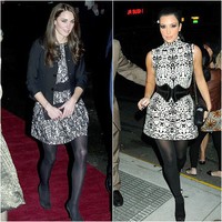 Kim dan Kate mengenakan busana yang mirip, dress motif dengan warna hitam-putih. Kedua wanita berambut panjang ini juga memadukan dress tersebut dengan belt dan stocking. Hanya saja untuk Kate dia menambahkan jaket hitam agar terlihat lebih formal.