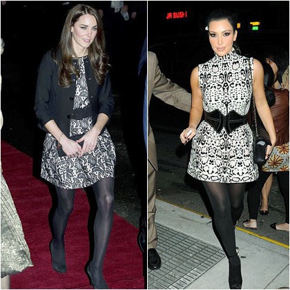 Kim dan Kate mengenakan busana yang mirip, dress motif dengan warna hitam-putih. Kedua wanita berambut panjang ini juga memadukan dress tersebut dengan belt dan stocking. Hanya saja untuk Kate dia menambahkan jaket hitam agar terlihat lebih formal.