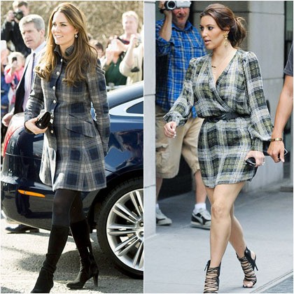 Busana motif kotak-kotak dipakai dengan cara berbeda oleh Kim dan Kate. Istri Pangeran William itu tampak mengenakan coat tartan saat mengunjungi Glasglow, Skotlandia. Coat tersebut dipadukannya dengan legging dan boots. Sementara Kim, busana motif serupa dipakainya pada 2011 saat akan menjalani fitting untuk gaun pernikahannya dengan Kris Humphries. Berbeda dengan Kate, busana itu dipakainya tanpa dipadukan dengan apapun. Dia pun memilih sandal gladiator untuk melengkapi penampilannya agar terlihat semakin seksi.
