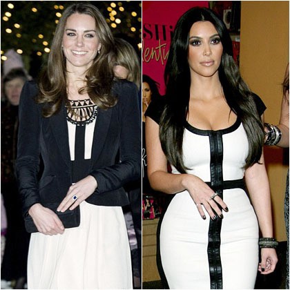 Kim dan Kate sama-sama memakai busana hitam-putih. Kesamaan pada busana keduanya kali ini adalah detail garis hitam yang memanjang dari bagian kerah hingga pinggang. Kate terlihat elegan memadukan dress tersebut dengan stocking dan jaket. Sedangkan Kim, dress tersebut tampak menempel sangat ketat di tubuhnya.