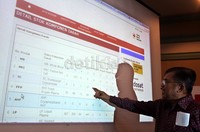 Ketua PMI Jusuf Kalla menunjukkan tabel stok darah.