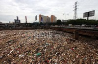 Sampah-sampah ini menumpuk akibat tertahan jembatan.
