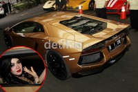 Namun, saat tiba di acara pembukaan karaoke miliknya, Syahrini terlihat mengendarai Lamborghini Aventador emas juga bernomor polisi B 1 SYR. (Gus Mun/detikHOT)