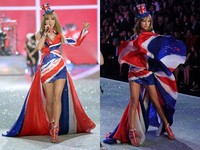 Kelahiran 13 Desember 1989 itu berpose bak model dengan dress bermotif Union Jack di acara fashion Show Victoria's Secret. Dimitrios Kambouris/Getty Images for Victoria's Secret/AFP; Bryan Bedder/Getty Images for Swarovski/AFP.