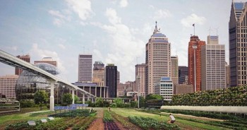 Tanah pertanian pun dibangun di tengah perkotaan. Seperti yang digambarkan di kota Detroit di tahun 2050 ini. (kredit foto: the world we made).
