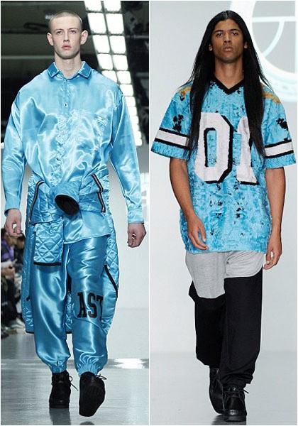 Kembali ke koleksi Astrid Andersen, tapi kali ini konsepnya jauh lebih sporty. Para model mengenakan kaos, jaket atau celana training dengan warna biru muda mengkilap.