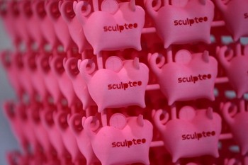 Lucu, babi pink yang dibuat di printer 3D yang ditampilkan di booth Sculpteo. (kredit foto: Justin Sullivan/Getty Images)