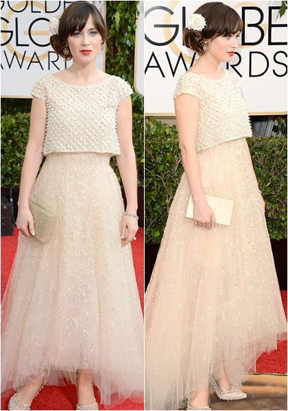 Zooey Deschanel terlihat manis dalam balutan gaun pastel rancangan Oscar De La Renta. Tambahan headpiece bentuk bunga, serta aksesori seperti clutch dan sepatu warna nude yang senada menyempurnakan gaya Zooey yang feminin dan retro. Pulasan lipstik merah menjadi pilihan tepat untuk menyeimbangkan penampilannya yang tampak pucat.