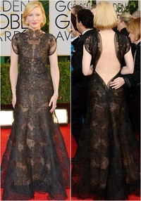 Gaun cantik lainnya dikenakan oleh Cate Blanchett. Malam itu, Cate mengenakan gaun lace hitam rancangan Valentino. Tatanan rambut yang digulung ke dalam tampak sempurna untuk memamerkan detail backless dari gaun cantik ini.
