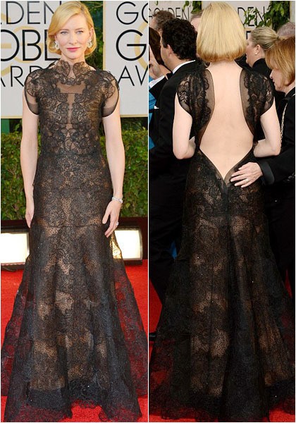 Gaun cantik lainnya dikenakan oleh Cate Blanchett. Malam itu, Cate mengenakan gaun lace hitam rancangan Valentino. Tatanan rambut yang digulung ke dalam tampak sempurna untuk memamerkan detail backless dari gaun cantik ini.