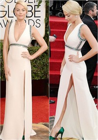 Margot Robbie tampil mempesona dengan dress V-neck putih yang memiliki detail payet silver dan hijau di bagian di bagian atas. Sepasang sepatu hijau emerald dipilih untuk menyempurnakan gaun dengan potongan rok yang cukup tinggi itu.