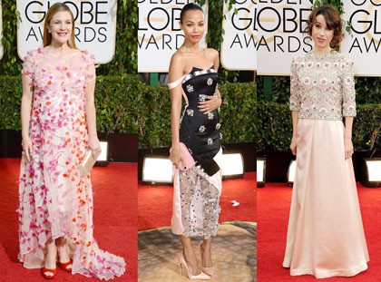 Detail 3D atau timbul juga mengisi tren red carpet Golden Globes. Misalnya saja gaun bunga rancangan Monique Lhuillier yang dikenakan Drew Barrymore, atau dress Zoe Saldana dari Prabal Gurung.