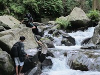 Perjalanan ke air terjun Tiu Kelep rupanya tak mudah. Anda kembali harus trekking selama sekitar 15 menit melewati hutan. Namun, medannya lebih berat karena Anda masih harus melewati sungai dan banyak bebatuan (Afif/detikTravel)