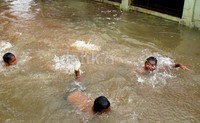 Terlihat beberapa anak sedang asik berenang di genangan air banjir.